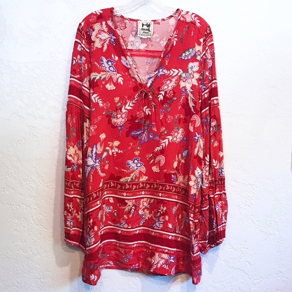 Jasse Womens Tunic, V-Neck, Tassel Closure, Full Sleeves, Boho, Gypsy, Casual L